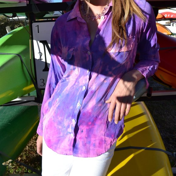 NEW silk painted tie dye shirt white blue purple pink medium large small 8 10 12 - Picture 2 of 6